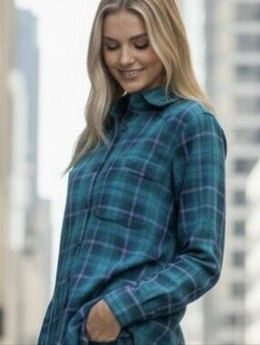 St. John's Bay Teal Plaid Flannel Button-Down Shirt- Lg